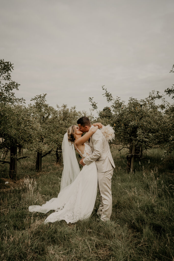 Braut und Bräutigam küssen sich innig zwischen blühenden Apfelbäumen bei ihrer Hochzeit in Bramsche